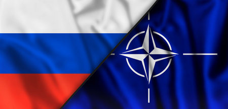 Moscow, Russia - 01.02.2022: Waving Russian flag and flag of NATO. Closeup view, illustration.のeditorial素材