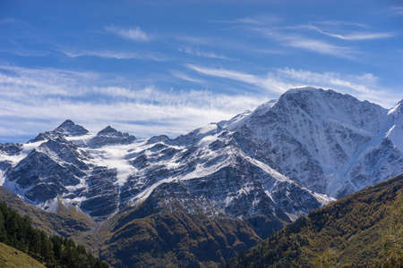 Breathtaking panorama of morning wild nature high in mountainsの写真素材