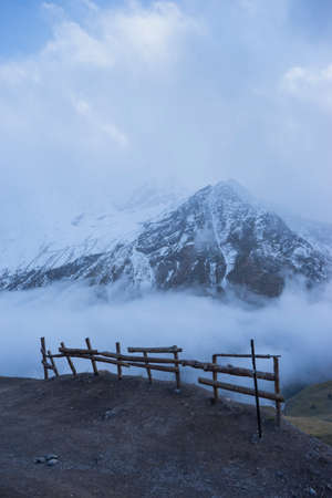 Breathtaking panorama of morning wild nature high in mountainsの写真素材