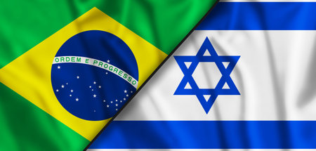 Israel and Brazil two flags textile cloth textureの写真素材