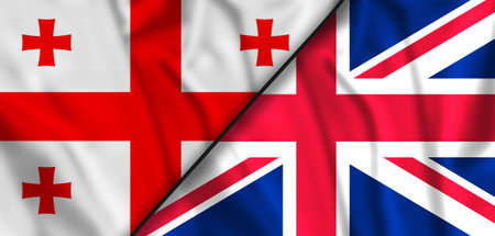 waving colorful flag of Georgia and national flag of United Kingdom. High quality photoの写真素材