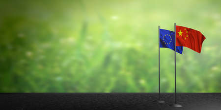 European Union and China two flags on flagpoles. high quality photo