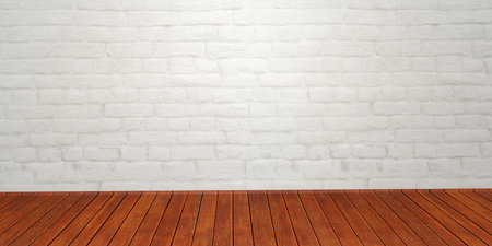 Old white brick wall and wood floor. high quality photoの写真素材