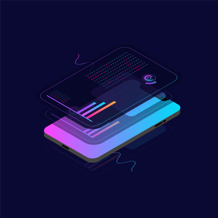 Mobile phone with online statistics and data analytics. Digital money market, investment, finance and trade for web design, banners and presentations. Isometric vector illustration.のイラスト素材