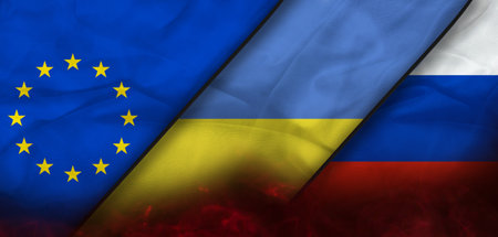 Ukraine, european union, Russia flag grunge Ripped paper background. Abstract international political relationship friendship gas conflicts concept texture.の写真素材