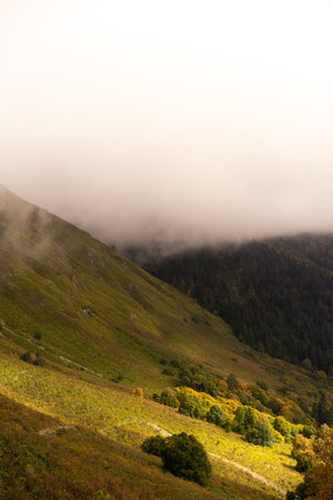 Mountain range with visible silhouettes through the morning colorful fog.の写真素材