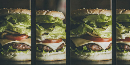 Close-Up of a Tasty Cheeseburger With Lettuce and Tomato Layersの素材