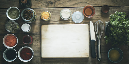 Rustic Kitchen Setup with Ingredients and Utensils on Wooden Tableの素材