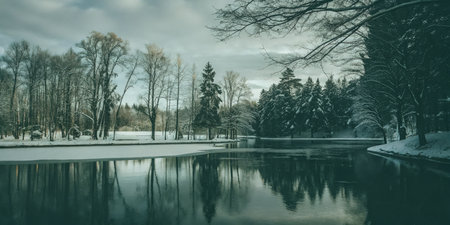 Serene Winter Landscape Featuring Snow-Covered Trees and a Tranquil Reflective Lakeの素材