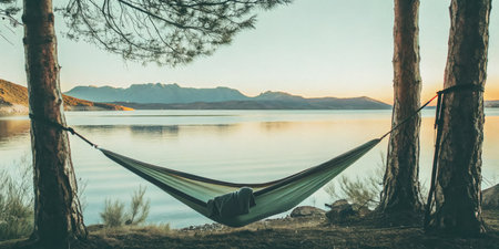 Serene Hammock by a Peaceful Lake Amid Pine Trees During Sunsetの素材