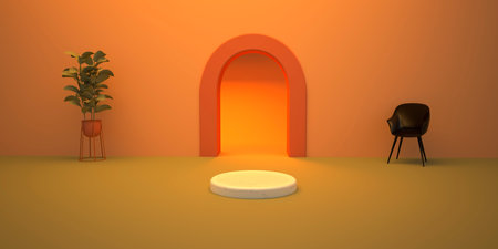 Display and podium courtyard tropical concept product wall arch round commercial advertisement pedestal space for placing products fashion cosmetics skincare and beauty. 3D illustration.の写真素材