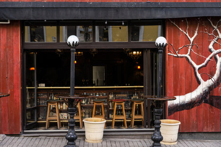 Rustic Cafe Patio Entrance with Artistic Tree Mural and Streetviewの写真素材