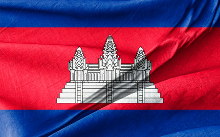 Cambodian National Flag Depicting Iconic Angkor Wat in Bold Red and Blueの写真素材