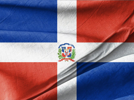 Waved Textured Arafed image of a flag of dominican with a white and red stripe Symbolizing National Identity and Unityの写真素材