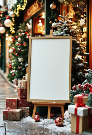 A cozy Christmas mockup featuring a blank wooden frame, surrounded by festive decorations including a snow-dusted Christmas tree, gift boxes, and ornaments. Perfect for seasonal displays and holiday.の素材
