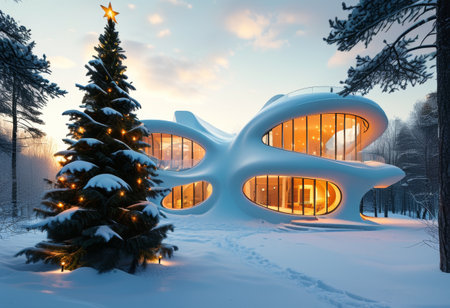 Modern house with glass walls and unique architecture, glowing warmly from within, nestled in a snow-covered winter forest. The interior Christmas tree radiates festive cheer against the coldの素材