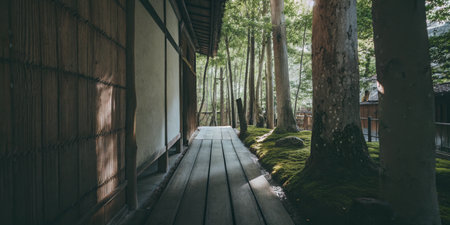 Traditional Japanese Wooden Walkway Surrounded by Tranquil Forest Sceneryの素材