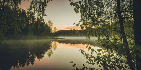 Serene Lake and Forest at Dusk With Reflective Landscapeの素材