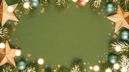 Festive Holiday Background with Greenery, Golden Stars, and Bright Decorationsの素材