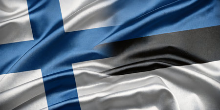 Close-Up of Combined Flags of Finland and Estonia on Silk Textile Fabricの素材