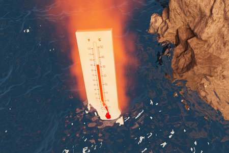 a thermometer with flame in the background