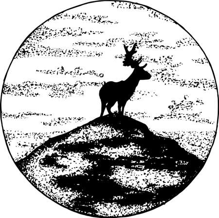 Black and white deer on the mountain in the style of dotworkのイラスト素材