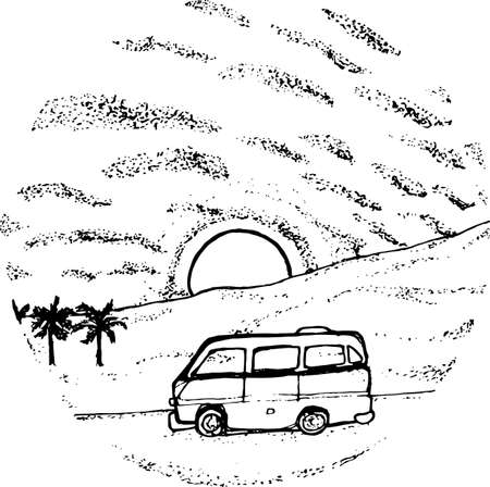 Black and white wagon, sunset, palm, clouds.のイラスト素材
