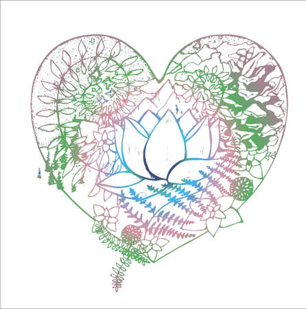 Color drawing of the heart, in which the lotus, fern, cone, mountains, clouds, trees.のイラスト素材