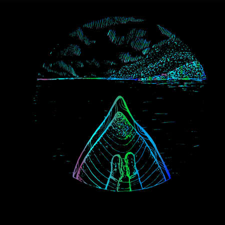 Illustration of a boat with the feet of a traveler. Mountains and clouds on the horizon.のイラスト素材