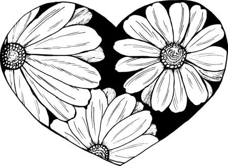 Black and white illustration of a bouquet of chamomil. Everything is loveのイラスト素材