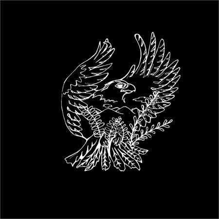 Black and white drawing of an eagle. Double exposureの写真素材