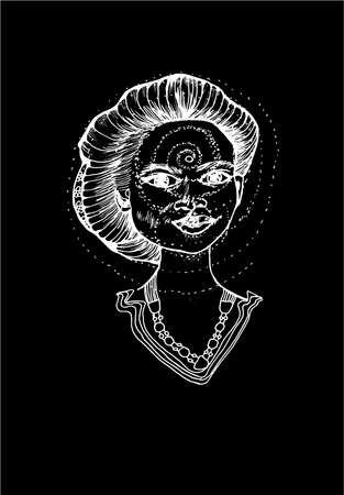 Black and white vector of beauty indian girl and spiral. The power of thought. Black and white vector. The power of thought.のイラスト素材