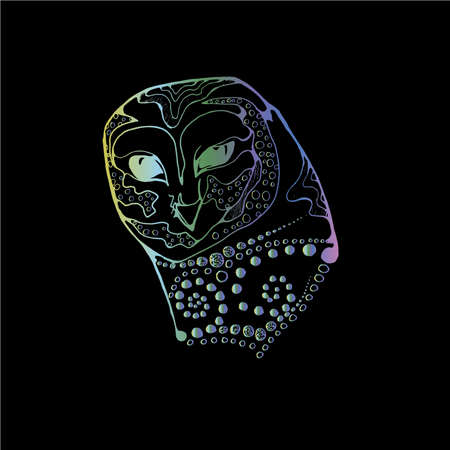 Color illustration of a abstract decorated owl. Fantastic bird with spiral.のイラスト素材