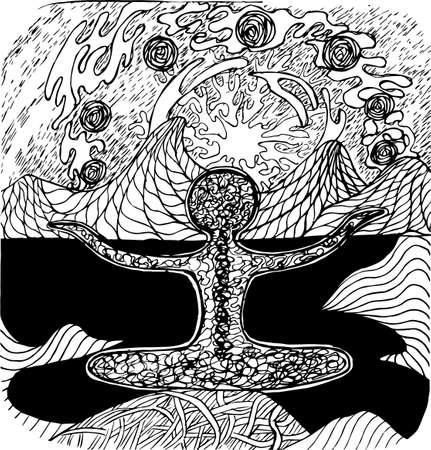 Pattern of a man meditating on nature and planets. Everything plays with patterns in the psychedelic game of life.のイラスト素材