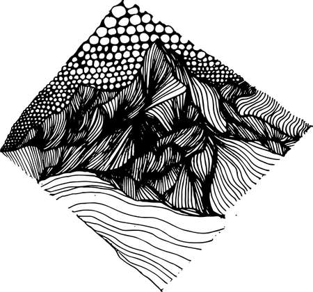 Psychedellic pattern with mountains drawn by lines and sky drawn by circles. An idea for a tattoo.のイラスト素材