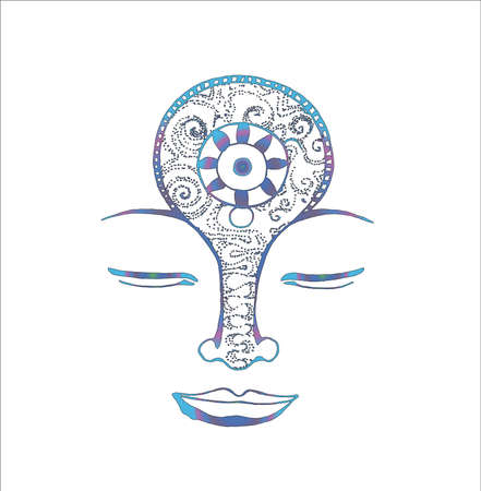 Color neon illustration with Spirit in meditation. Mandala and patterns. An idea for a tattoo.のイラスト素材