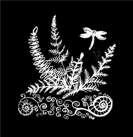 Illustration of a dragonfly on a fern. Tattoo idea. Chalk on a blackboard.のイラスト素材