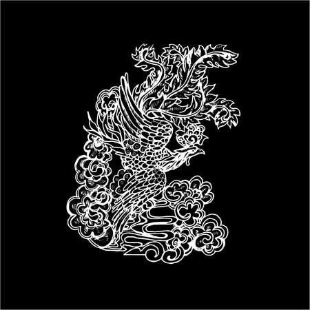 Black and white illustration of a Chinese traditional phoenix in spring spirals and plants.のイラスト素材