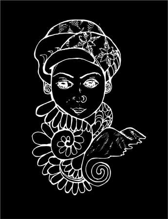 Psychedellic drawing of an Arab girl in a turban with patterns, leaves in the foreground and a mountain in the background. Chalk on a blackboard.のイラスト素材