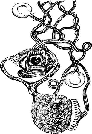 Black white picture of a psychedelic motif. Eye, jaw, Turtle armor, seeds.のイラスト素材