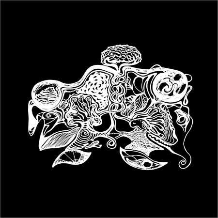 A drawing with two souls that tripe in one another. Cosmos, lotus, ghosts. Psychedelic illustration.のイラスト素材