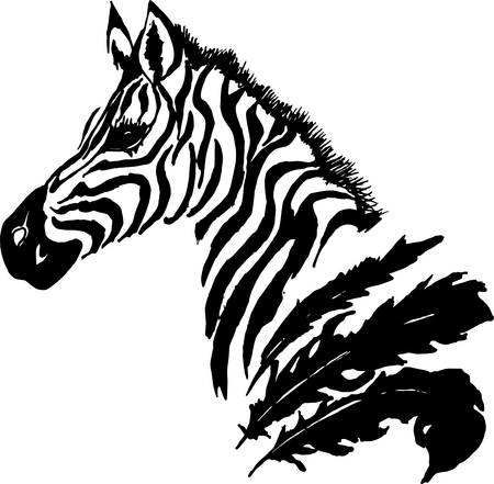 Black white picture of a psychedelic zebra with feathers. Tattoo idea.のイラスト素材