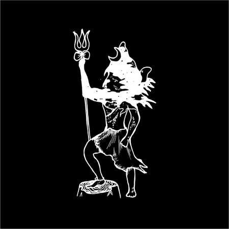 A black and white illustration of Lord Shiva in a warlike pose. Double exposure, mountains, god. Chalk on a blackboard.のイラスト素材