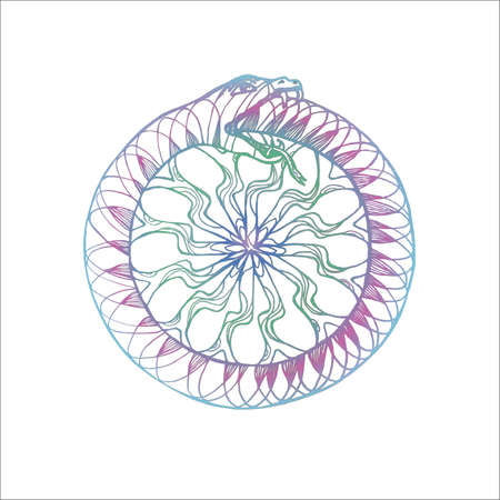 Neon illustration of a Uroboros snake eating its tail. Pattern, idea for tattoo.のイラスト素材