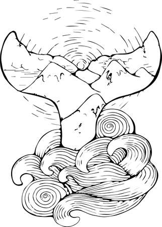 Black and white picture of a whale's tail disappearing into the sea wave. Graphics, sun, Idea for tattoo.のイラスト素材