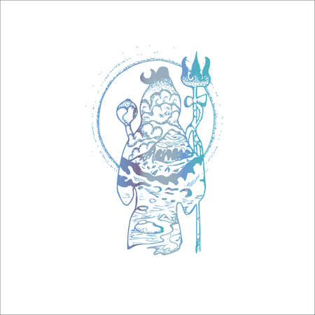 Gradient illustration of shiva with double exposure. Mountains, sky, Halo, god.のイラスト素材