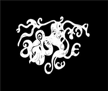 Black and white illustration of psychedelic octopus.のイラスト素材