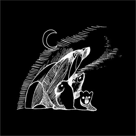 Black white illustration of polar bears. Northern lights and the moon. Chalk on a blackboard.のイラスト素材