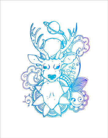 Neon ilustration of a deer on a background of planets, mehendi patterns. Conscious gazeのイラスト素材