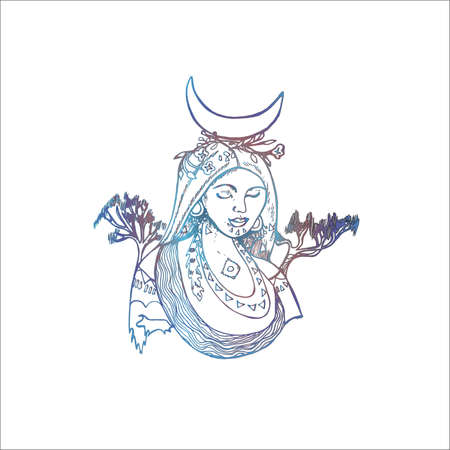 Gradient portrait of an African girl with the moon on her head, trees, decoration ornaments.のイラスト素材
